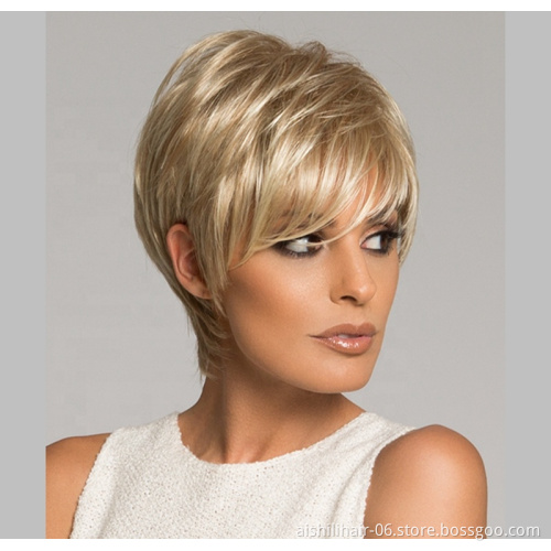 Aishili Best-selling short gold color short synthetic wigs natural straight and kinky curly hair for mature women